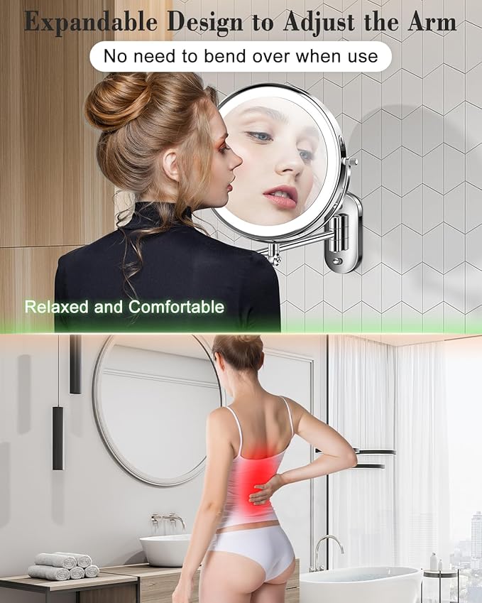 30X/1X Wall Mounted Lighted Makeup Mirror, 9'' Height Adjustable Double Sided 5000mAh Rechargeable Magnifying Bathroom Mirror with Light, 3 Color Modes Touch Dimmable Extended Arm 360 Rotation