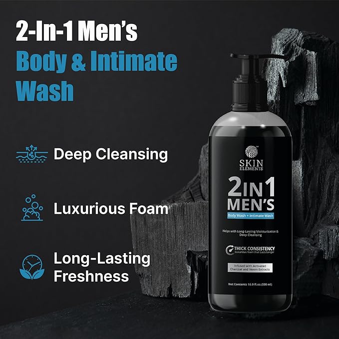 Skin Elements 2-in-1 Body Wash & Intimate Wash for Men| Deep Cleansing Shower Gel| Infused with Activated Charcoal & Neem Extracts| Thicker Consistency| Controls Odor| For All Skin Types | 16.9 fl oz