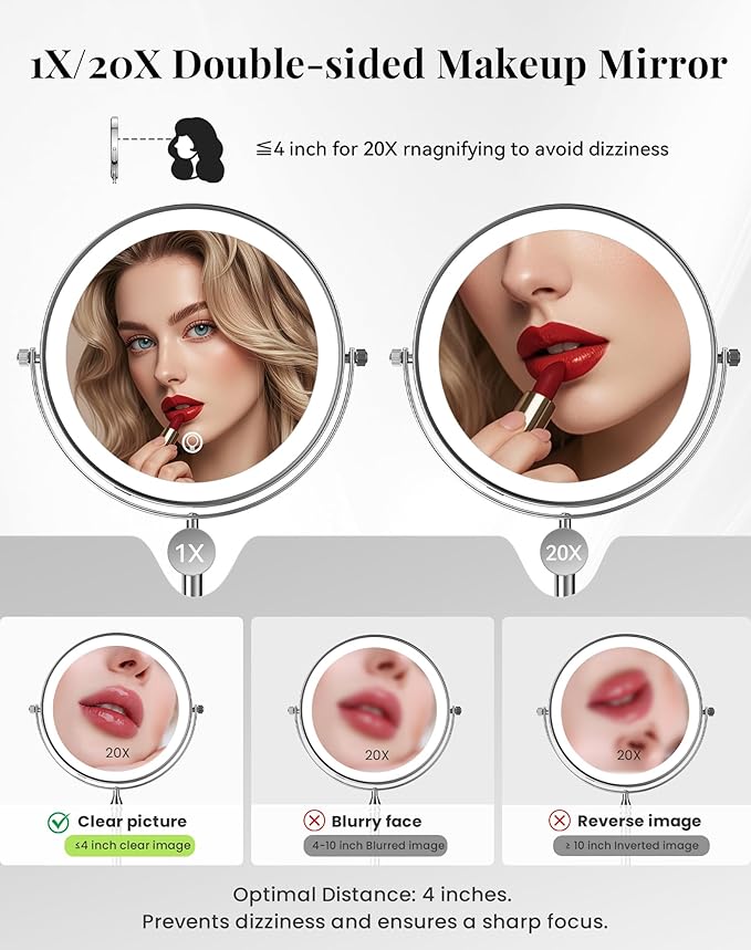 DOWRY 4000 mAh Rechargeable Lighted Makeup Mirror 20x Magnification Vanity Mirror Tabletop Two-Sided Swivel Gifts for Women Wife Mom Teengirls Chrome