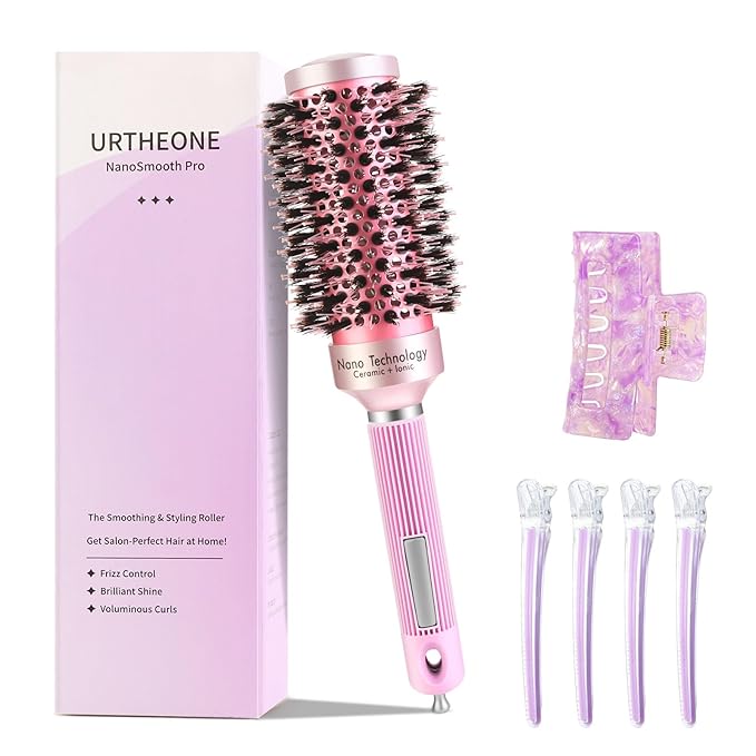 URTHEONE Round Hair Brush for women Blow Drying, Ceramic Ionic Styling Tool with Mixed Bristles and Hair Clips, for Smooth and Voluminous Styles on Medium to Long Hair (1.7 Inch)
