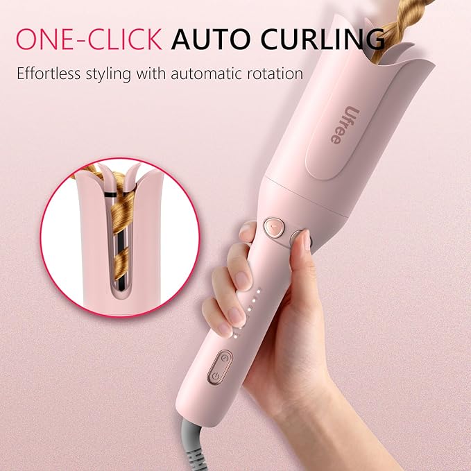 Ufree Automatic Curling Iron - 1-Click Rotating Hair Curler with 3 Temp & Timers, 360° Anti-Scald Design, 1M Ionic Hair Care, Dual Voltage Auto Hair Curler for Beach Waves, Pink