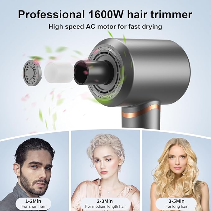 Hair Dryer Negative Ionic Blow Dryer for Fast Drying,Low Noise,Thermo Control Hair Dryer 2 Speed and 3 Heat Settings,Cold Air Button with 1 Diffuser 110000 RPM High Speed Brushless Motor Grey