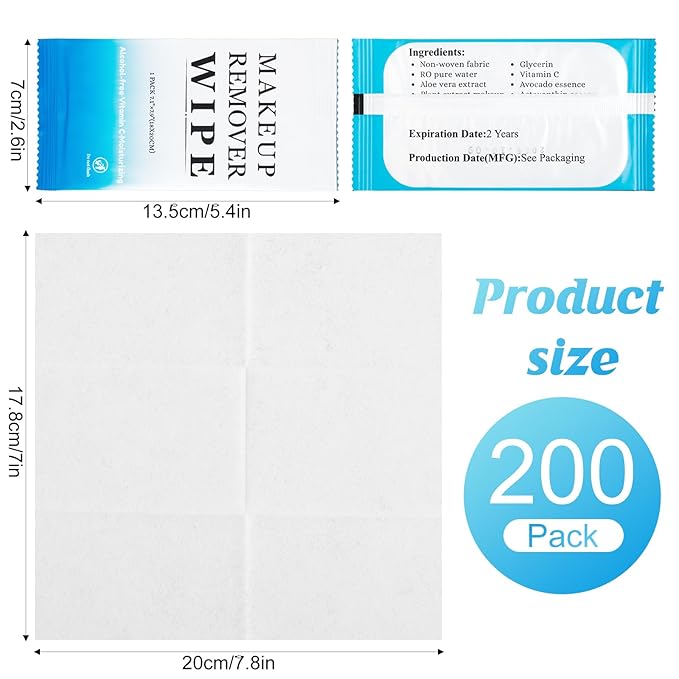 200 Pcs Individual Makeup Remover Wipes,Wrapped Travel Makeup Wipes,Alcohol Free Face Cleansing Wipe, Remover Wipe with Vitamin E for Hotel and Travel