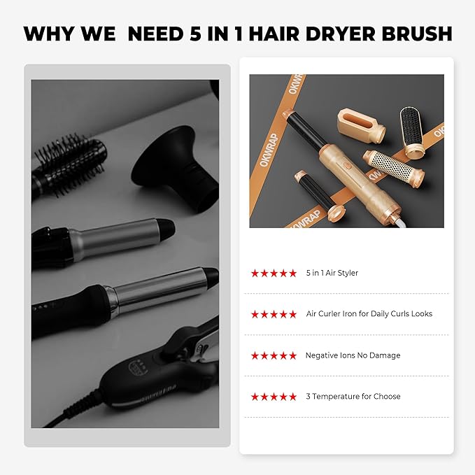 5 in ONE Blow Dryer Brush, Curling Wand Hair Styling Tools Set, Ionic Hot Air Hair Dryer, Massage Oval Hair Dryer, Left&Right Hair Curlers 100-120V
