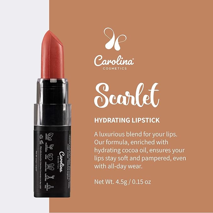 Plant-Based Moisturizing Lipstick - Scarlet Shade 0.15oz- Hydrating with Cocoa Oil, Gluten-Free, Vegan, Non-GMO, Paraben-Free - Lightweight Cream Texture