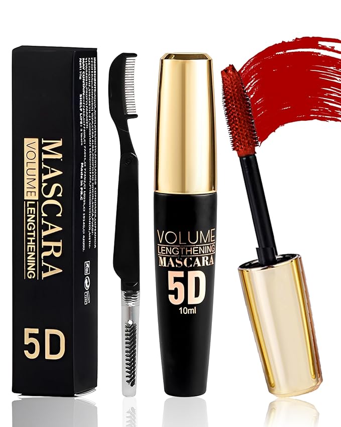 Red Waterproof Mascara for Eyelash, 5D Silk Fiber Lashes Extension Colored Tube Mascara with Eyelash Brush, Long Lasting Smudge-proof Volumizing Lengthening, Cosplay Party Eye Makeup Gift for Women