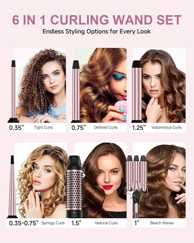 6 in 1 Wand Curling Iron, 3 Barrel Curling Iron Set with Thermal Brush (1.5") and 5 Interchangeable Ceramic Wand Curler (0.35"-1.25"), 2 Temp Heating Setting, Christmas Birthday Gifts for Women