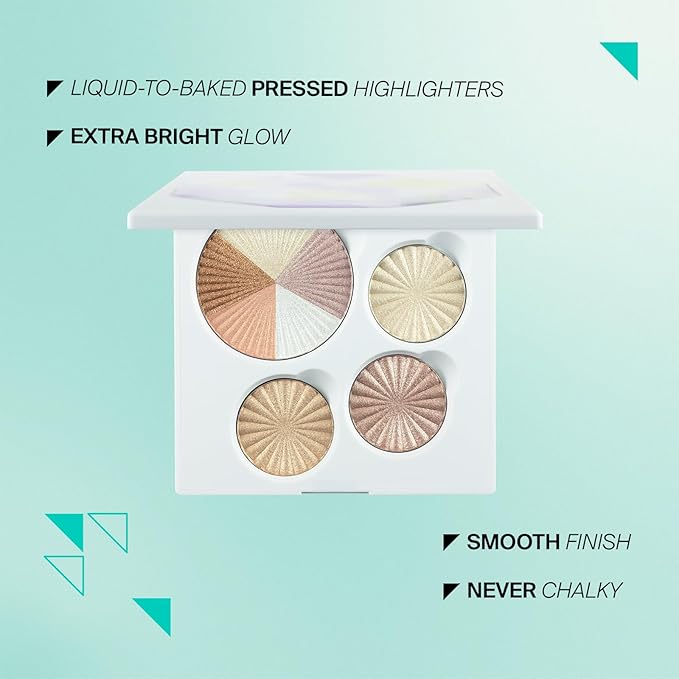 Highlighter Palette Face Makeup | Glow Up - 8 Shades in 4 Pans | Pearl Shimmer Liquid-To-Baked Powder Highlighter | Refillable Pan & Integrated Mirror | Cruelty-Free Beauty Essential |