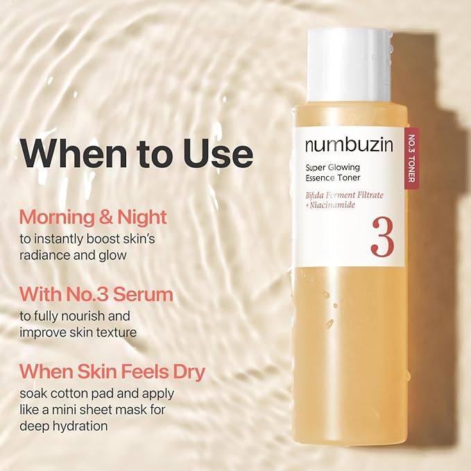 numbuzin No.3 Super Glowing Essence Toner, Fermented Toner for Skin Glow & Texture, Bifida, Niacinamide, Hydrating, Radiance-Boosting Essence, Fragrance-Free, 6.76 fl oz (200ml)