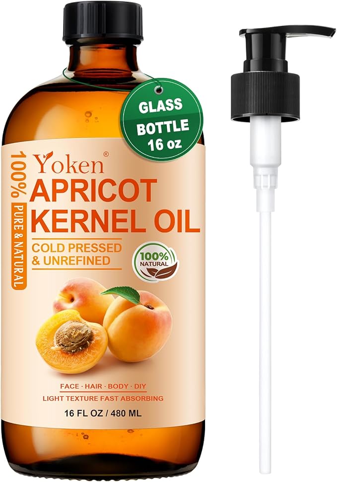 Cold Pressed Apricot Kernel Oil 16 fl oz Glass Bottle - Single Ingredient 100% Pure and Natural Apricot Oil, Lightweight Carrier & Massage Oil for Skin & Hair, Unscented & Hexane Free