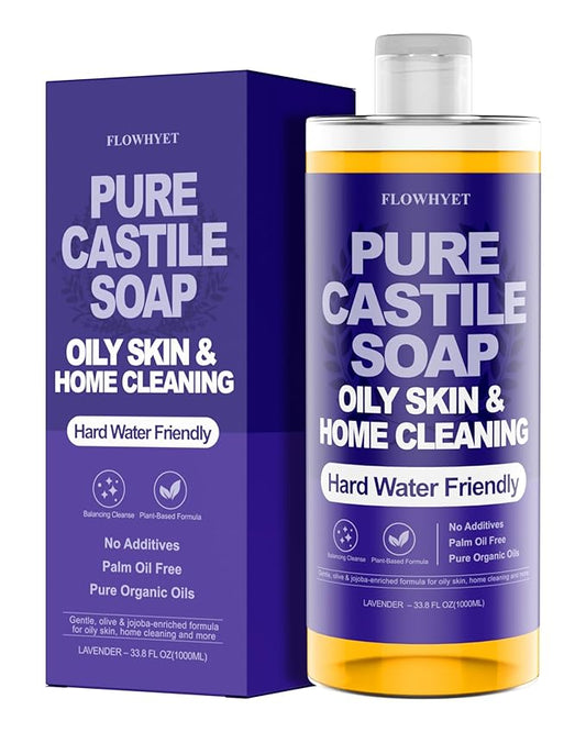 Pure Castile Soap Liquid Lavender 33.8 fl oz – Natural & Vegan Body Wash for Oily & Sensitive Skin, Hard Water Friendly Bath Soap Liquid for Body,Face, Laundry Soap & Home Cleaning 1L