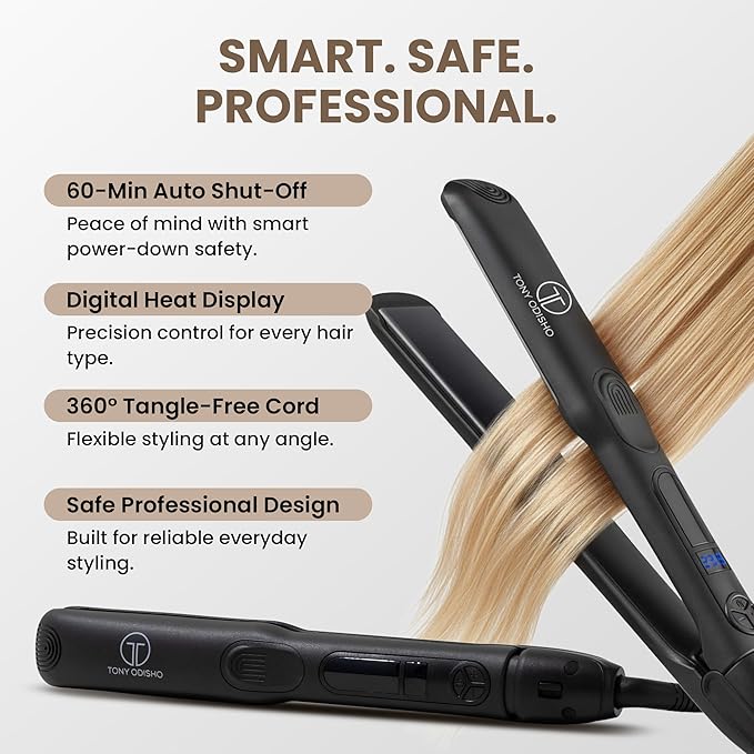Black Germanium Flat Iron Hair Straightener – 1.25″ Floating Plates, Ionic Fast-Heat MCH, Digital 180–450°F, Frizz Control, 60-Min Auto Shutoff, 8.5-ft Swivel Cord, Salon Professional