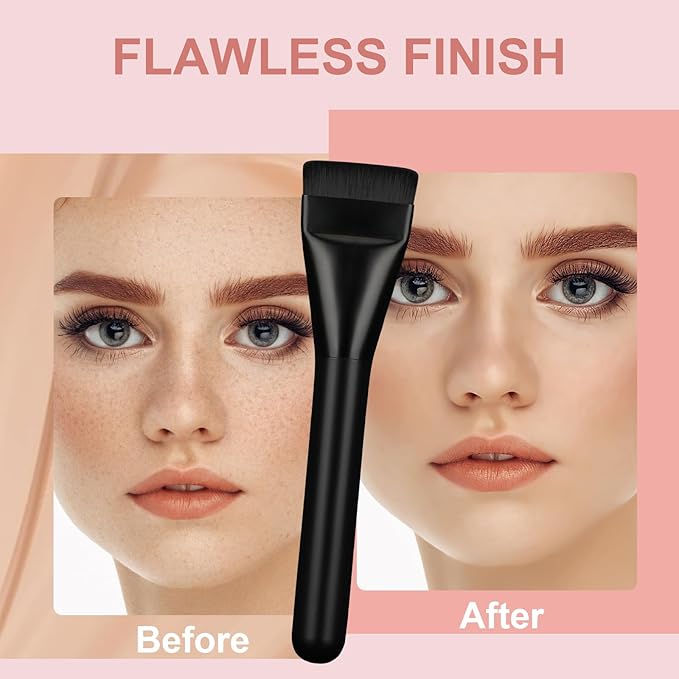 Flat Foundation Brush for Liquid Makeup with Powder Puff Fast Flawless Flat Top Kabuki Makeup Brushes Face Cosmetics Concealer Brush for Liquid, Blending, Powder, Cream, Blush, Buffing Black