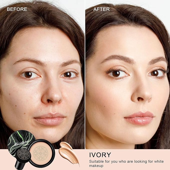 Mushroom Head Air Cushion CC Cream - BB Cream Face Makeup for Mature Skin, Moisturizing Cover Balm Foundation & Long-Lasting Color Correcting Concealer, Even Skin Tone for All Skin Types (Ivory)
