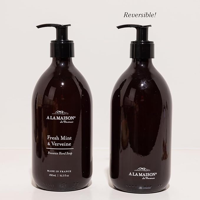 A LA MAISON Candle + Hand Soap Duo – Fresh Mint & Verveine – 7 oz Amber Glass Scented Candle & 16.5 fl oz Amber Glass Liquid Hand Wash Plant-Based Formula – Made in France – 2-Pack