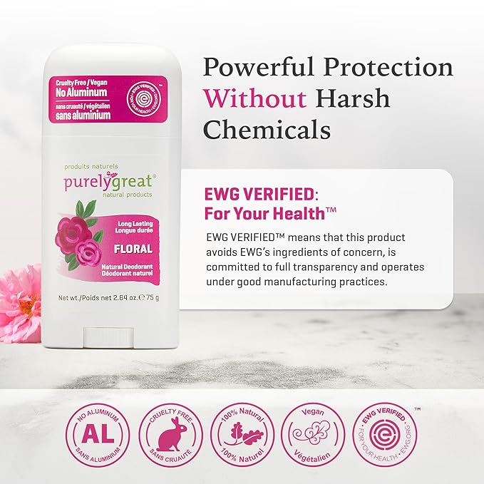 Purelygreat - Floral-Scented Natural Deodorant Stick, Travel-Friendly Hygiene Essentials for Women, Natural Deodorant for Men Without Aluminum & Parabens, 2.64 oz / 75 g
