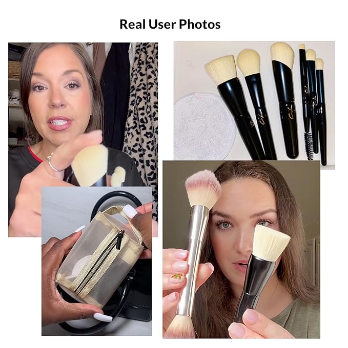 IN THE CLOUDS Travel Makeup Brushes Set + Case | Professional 7 Mini Foundation, Blush, Eyeshadow, Contour, Eyelining, Brow Brush | Short Handle Brush Set for Nearsighted | Soft for Sensitive Skin