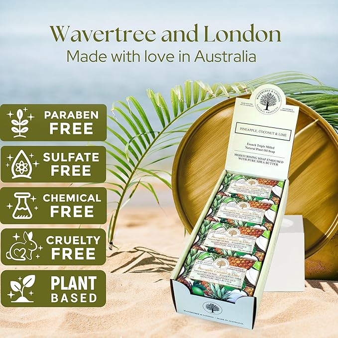 Wavertree & London Pineapple, Coconut & Lime Scented Natural Soap (8 Bars), 7oz Moisturizing French Triple Milled Soap Bars enriched with shea butter - Plant Oil Bath & Body Bars for All Skin Types