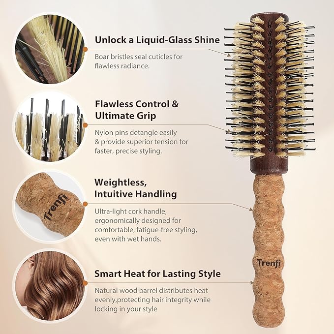 Premium Boar Bristle Hair Brush with Nylon | 2.5" Barrel Blowout Round Brush | No-Snag Ergonomic Cork Handle | Flawless Volume & Shine for Normal to Thick Hair