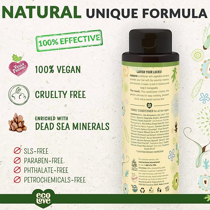 ecoLove - Natural Conditioner for All Hair Types - Safe for the Whole Family - No SLS or Parabens - With Organic Cucumber Extract - Vegan and Cruelty-Free, 17.6 oz
