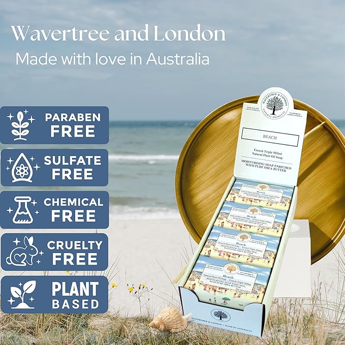 Wavertree & London Beach Scented Natural Soap (8 Bars), 7oz Moisturizing French Triple Milled Soap Bars enriched with shea butter - Pure Plant Oil Bath & Body Bars for All Skin Types