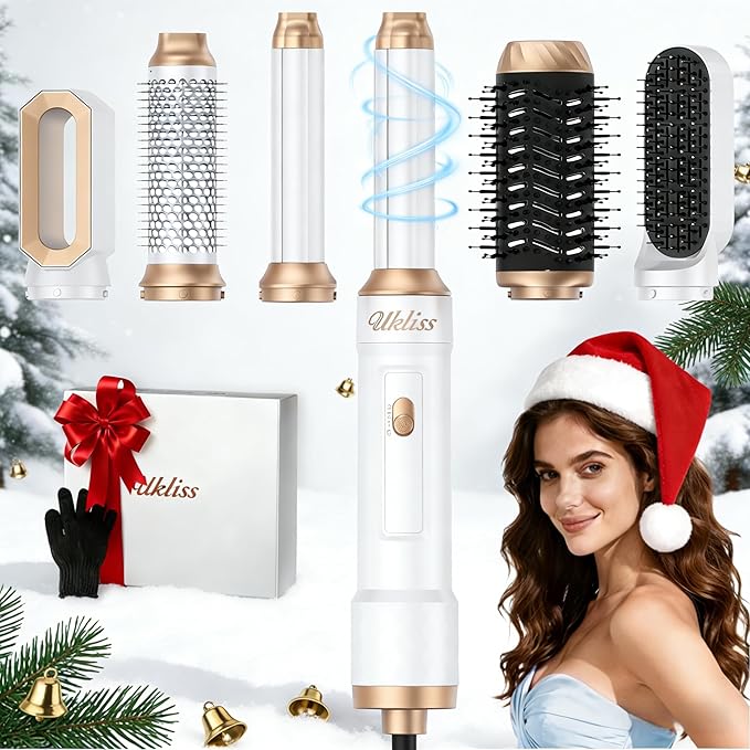 Ukliss Hair Dryer Brush 6 in 1 & Blow Dryer Brush | Controlled Airflow for Effortless Auto-Wrap Curls & Frizz-Free Shine, Salon Styling at Home for All Hair Types with ALCI Plug