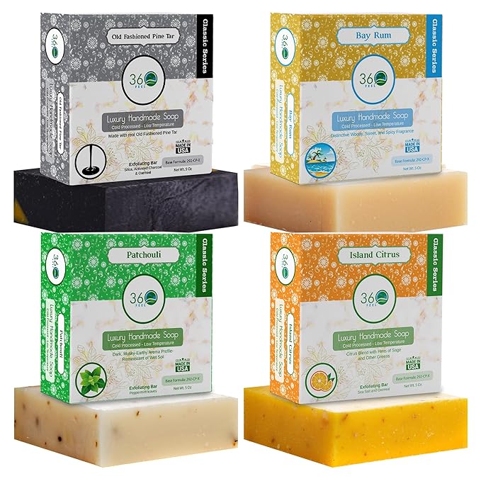 360Feel Mens Bar Soap - Made in the USA - Castile Handmade All Natural Cold Processed - Includes 4 Bold Masculine Scents: Bay Rum, Pine Tar Black Soap bar, Patchouli & Island Citrus (5oz, 4-Pack)