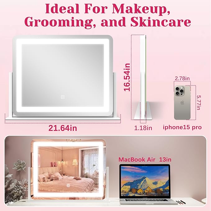 HNV 22"x17" Vanity Mirror with Lights, LED Makeup Mirror with 3 Color Modes & Dimmable Touch Control, 360° Rotation, Aluminum Frame, Large Lighted Mirror for Bedroom or Dressing Table