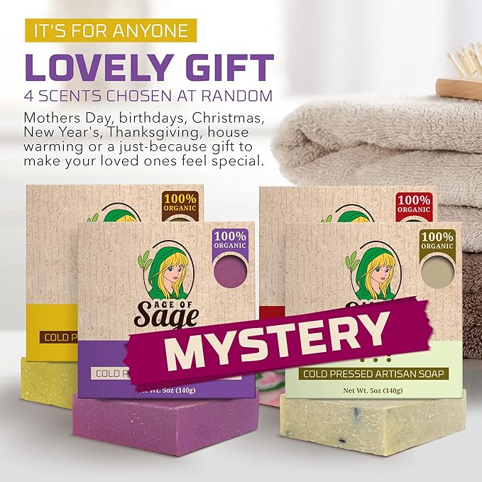 Natural Bar Soap for Men and Women - Vegan Bath Soap Bars Gift Set - Handmade Cold Process Artisan Soap with Essential Oil, Aromatic All Moisturizing Wash Soaps, Fragrant Secret Scent by Age of Sage (4 Pack)