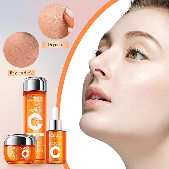 Vitamin C Skincare Trio: Face Serum, Moisturizing Cream & Hydrating Toner, 5X Vitamin C Complex with Hyaluronic Acid, Complete Daily Routine to Refresh & Nourish Skin, For All Skin Types