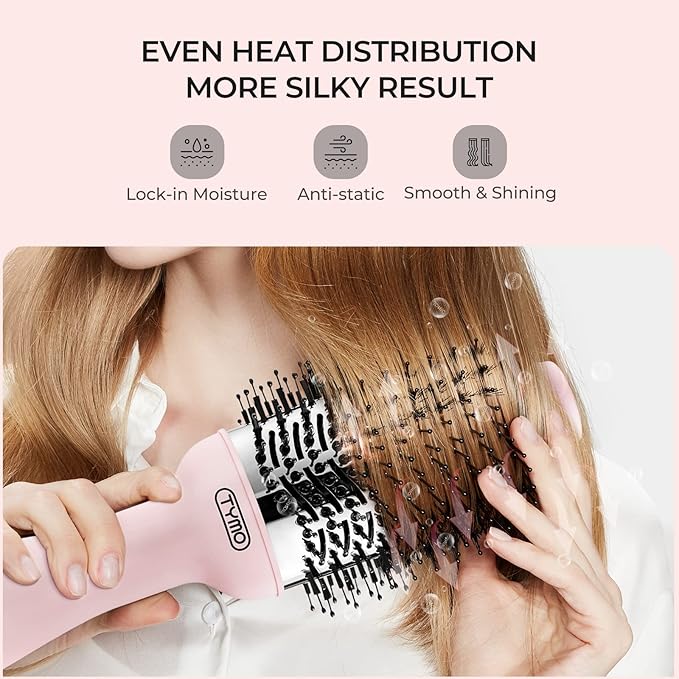 TYMO Pink Volumizer Hair Dryer Brush with Titanium Barrel, 1200W, 3 Speeds, Nylon Bristles, Ionic Technology, Salon Long-lasting Hairstyles, Hot Air Brush for Women, Designed for 120V USA Outlets