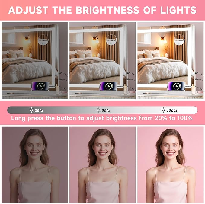 Vanity Mirror with Lights, 40" x 29" LED Makeup Mirror with 10X Magnification, Dimmable 3 Modes, Memory Function, Smart Touch, USB Charging Port, Lighted Makeup Mirror Square White