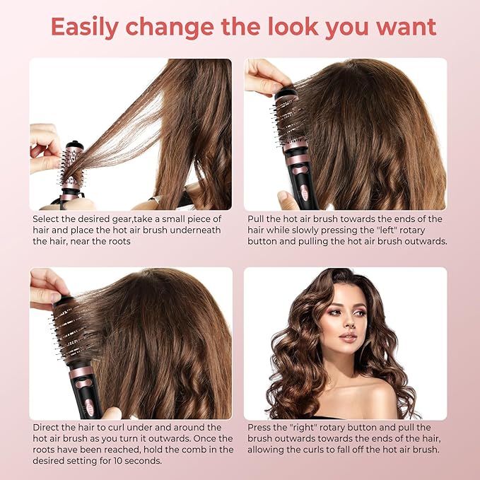 Hair Dryer Brush, 3-in-1 Rotating Round Hot Air Spin Brush Set with 2 Brushes (2" & 1.5"), Negative Ionic Blow Volumizer, 2 Detachable Auto-Rotating Curling Brush 100-120V