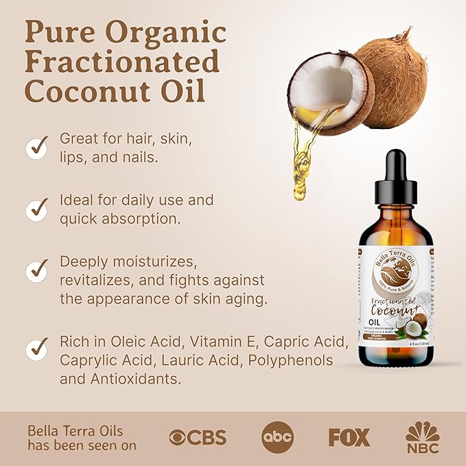 Bella Terra Oils - Organic Fractionated Coconut Oil 8oz - Celebrate the Coconut’s Liquid Gold, Infused with Antioxidants & Vitamins, A Precious Body Moisturizer