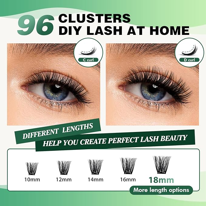 Lash Clusters 96pcs Individual Lashes Y03 D Curl 10-18MIX Cluster Lashes KEYYOU Volume Wispy Lash Extension Soft&Comfortable Easy DIY at Home(Y03 D-10-18MIX)