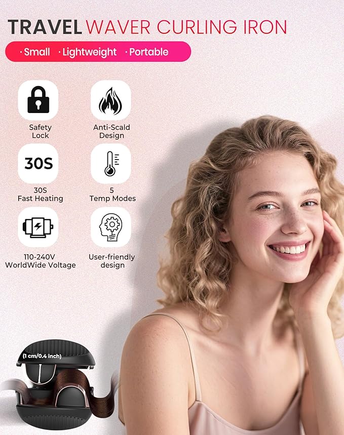 Ukliss Crimper Hair Tool Mini 0.4 Inch Travel Waver Hair Tool for Women Small Double Barrel Waver S Curling Iron Dual Voltage (110-240V) with European Plug Adapter, 5 Temps, Anti-scalding (Black Gold)