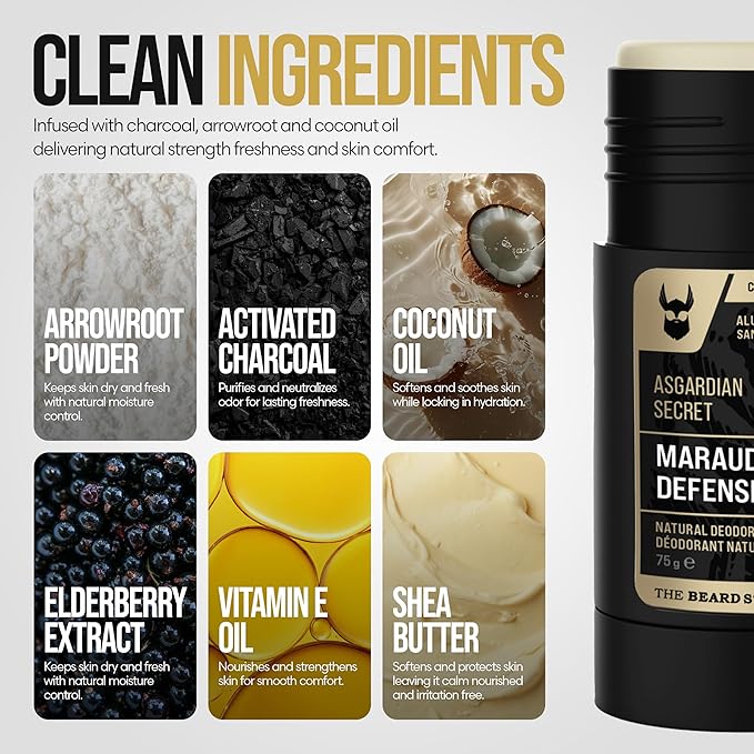 The Beard Struggle Natural Deodorant - Marauder’s Defense - 100% Natural Charcoal Infused Deodorant Men Aluminum Free - Gold Collection, Asgardian Secret - Deodorant, 2.65 oz.US.