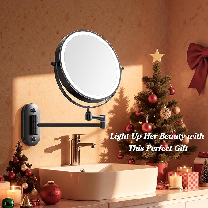 Auxmir 8'' Wall Mounted Lighted Makeup Mirror, 3200mAh Rechargeable Double-Sided 1X/20X Magnifying Mirror with Light, Touch Dimmable 3 Color Light, 360° Rotation Foldable Extended Arm, Black