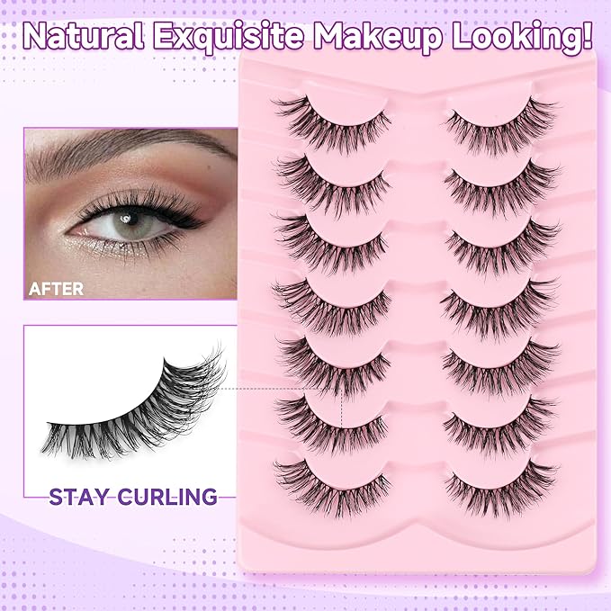 Natural Wispy Cat Eye False Eyelashes 14mm With Thin Memory Band - Soft Strip Lashes Pack C Curl Volume Fake Lashes 7 Pair