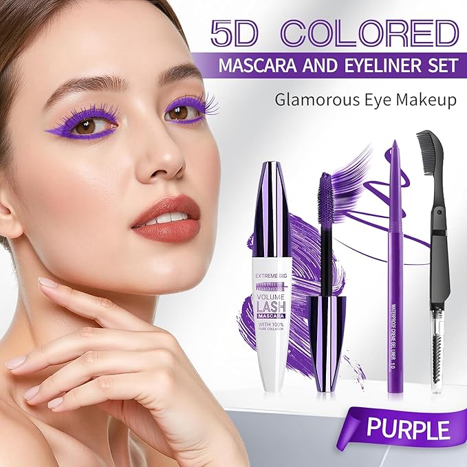 Purple Mascara and Eyeliner Set,5D Colored Mascara Volume and Length Waterproof,Natural Curling rimel de pestañas,Suitable for Women Eye Makeup