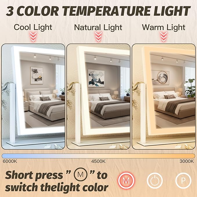 HNV Hollywood Vanity Mirror with Lights, 16.3"x12.6" Lighted Makeup Mirror with 10X Magnification, 3 Color LED, Smart Touch & 360° Rotation, Tabletop (White)