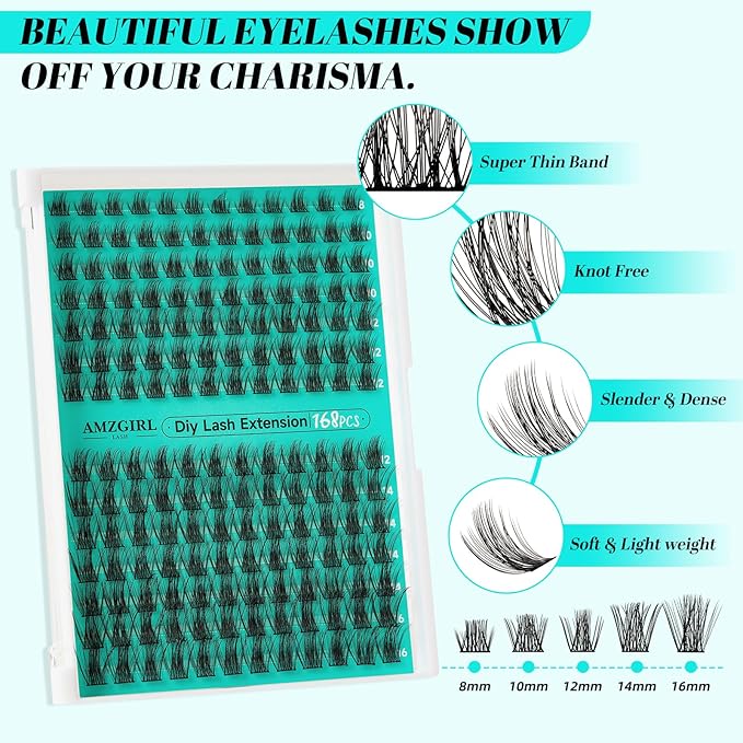 Lash Extension Kit,DIY Eyelash Clusters Kit 168Pcs with Lash Bond and Seal Glue Waterproof,Eyelashes Remover for Lash Cluster Extensions Kit for Beginner,Lashes Applicator Tool(Medusa,D-Mix8-16mm Kit)
