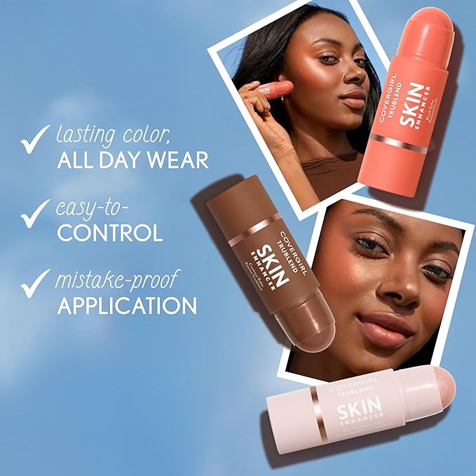 CoverGirl Trublend Skin Enhancer Highlighter Balm Stick, 320 Rose Beam, Highlighter, Vegan Formula, Easy to Use, Glides on Effortlessly, Non-Greasy, Doesn't Crease, 0.21oz