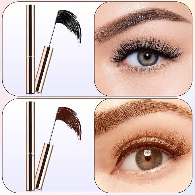 2PCS Ultra-Fine Lengthening Waterproof Quick-Dry Mascara, Iron Wand Mascara, Waterproof Metal Wand Mascaras, Long-lasting 3D Curling Eyelash, Smudge Proof and No Flaking (Black+Brown)