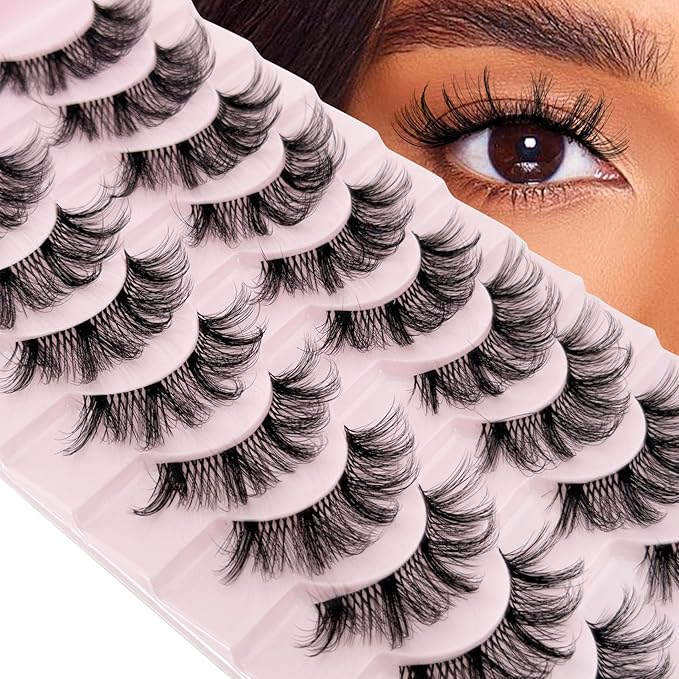 Mink Lashes Fluffy False Eyelashes Volume Wispy Lashes Fake Lashes Natural Look Eyelashes Faux Mink Lashes Strip Eyelash 10 Pairs Pack