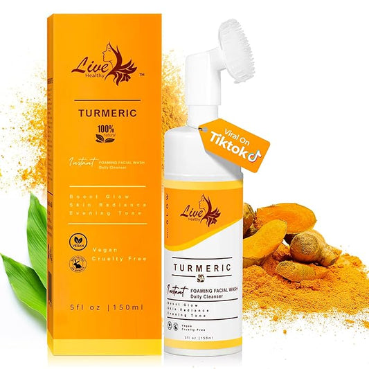 Live Healthy Turmeric Foaming Face Wash - Turmeric Face Wash with Brush, Deep Cleansing, Gentle, Facial Cleanser, Makeup Remover, Natural Formula for Acne, Blackhead & Oil Control, Hydrating -150ml