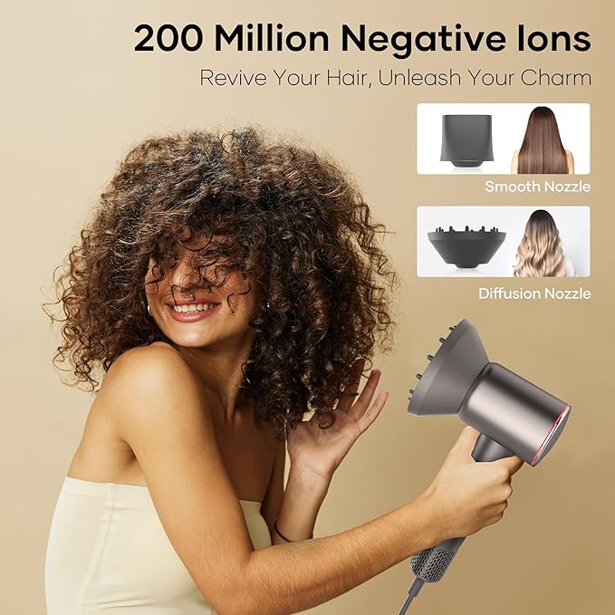 Professional Hair Dryer, 200 Million Negative Ionic Blow Dryer with 110000 RPM Brushless Motor, 1500W High-Speed HairDryer with Magnetic Nozzle & Diffuser for Salon, Home, Travel (Wisdom Gray)