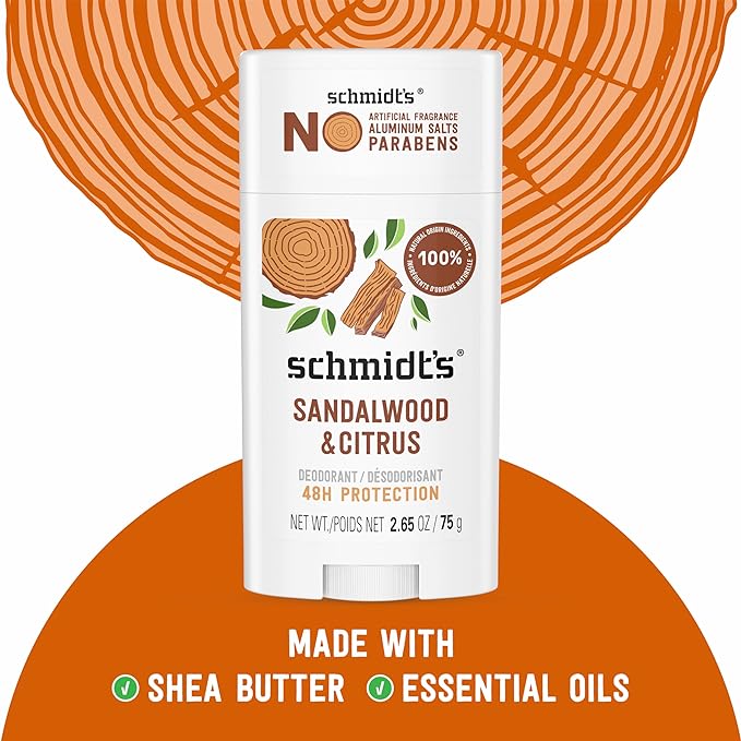 Schmidt's Aluminum-Free Vegan Deodorant Sandalwood & Citrus 2 Count for Women and Men, with 24 Hour Odor Protection, Natural Ingredients, Cruelty-Free, 2.65 oz