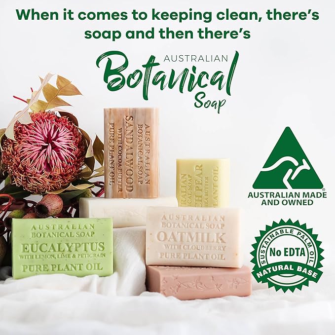 Australian Botanical Soap Essential Medley Eucalyptus Sandalwood Lavender and Tea Tree 6.6 oz Luxury Soap Bars Enriched with Shea Butter, Assorted Pack of 4