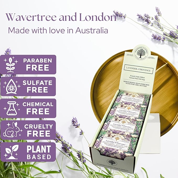 Wavertree & London Lavender D'Provence Scented Natural Soap (8 Bars), 7oz Moisturizing French Triple Milled Soap Bars enriched with shea butter - Pure Plant Oil Bath & Body Bars for All Skin Types